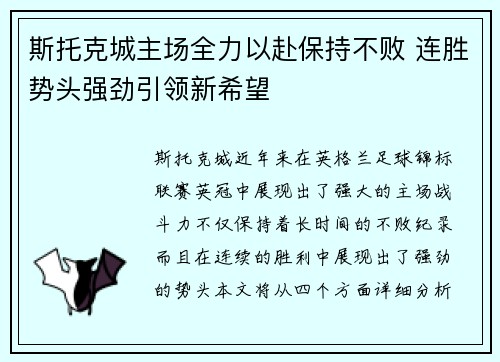 斯托克城主场全力以赴保持不败 连胜势头强劲引领新希望