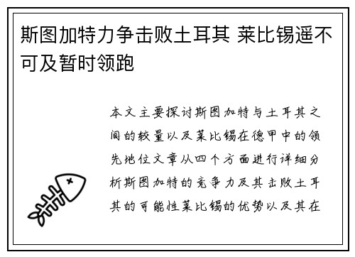 斯图加特力争击败土耳其 莱比锡遥不可及暂时领跑
