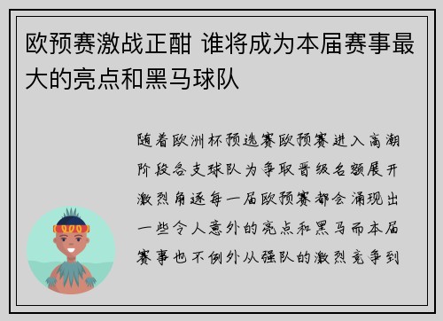 欧预赛激战正酣 谁将成为本届赛事最大的亮点和黑马球队