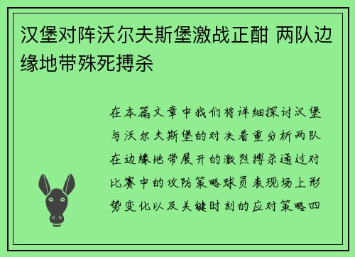 汉堡对阵沃尔夫斯堡激战正酣 两队边缘地带殊死搏杀