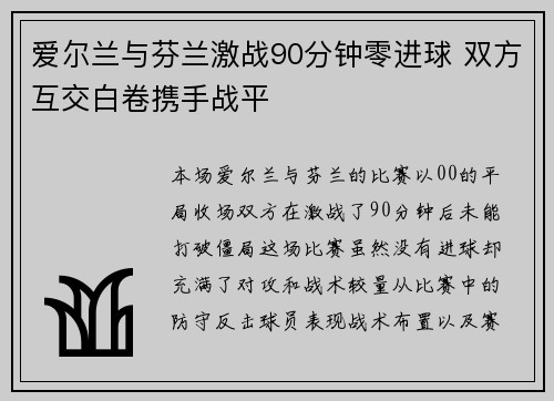爱尔兰与芬兰激战90分钟零进球 双方互交白卷携手战平