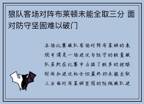 狼队客场对阵布莱顿未能全取三分 面对防守坚固难以破门