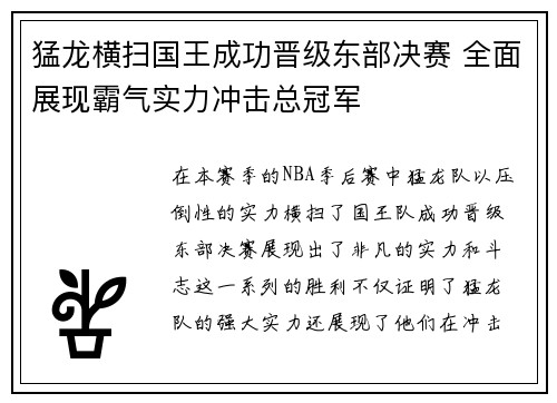 猛龙横扫国王成功晋级东部决赛 全面展现霸气实力冲击总冠军