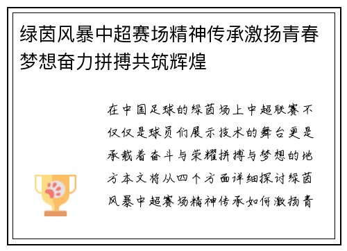 绿茵风暴中超赛场精神传承激扬青春梦想奋力拼搏共筑辉煌