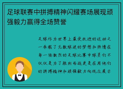 足球联赛中拼搏精神闪耀赛场展现顽强毅力赢得全场赞誉