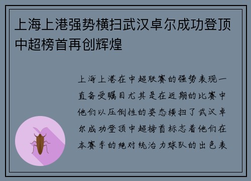 上海上港强势横扫武汉卓尔成功登顶中超榜首再创辉煌
